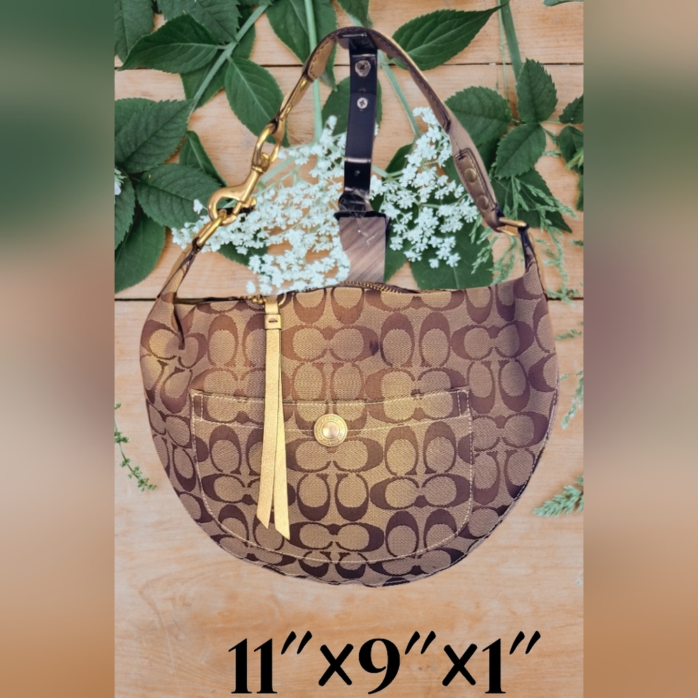 Coach Signature Brown Hobo Bag with Gold Accents